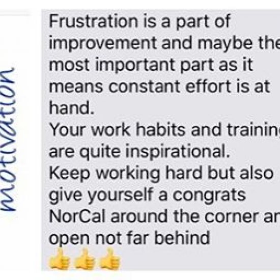 Yesterday I got a very inspirational text from my friend Mike.  He is also a masters athlete and always knows what to say to keep me motivated. I will miss him at NorCal Masters in three weeks since he can't compete this year but I  know he will be cheering me on from Chicago. Thanks Mikey for always making me fight! #crossfitfam #crossfit #crossfitmasters #motivation #wcsc #windycitylivin #liveBIG  #norcalmasters #NCM #48daysuntiltheopen