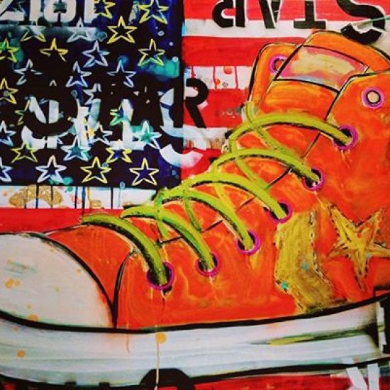 This painting is hanging up at a crossfit in the area. Love converse, wear them at least once a week. #painting #converse #converseallstar #americanflag #hightops #sneakers #liveincolor #style #art