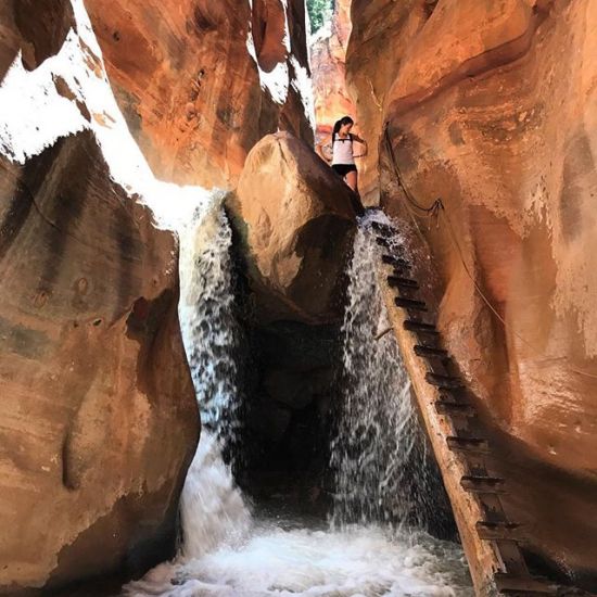 Drove about an hour outside Zion today to hike Kanarra Creek Canyon which has a bit more water than the last few canyons we've been in. This waterfall had a ladder. 